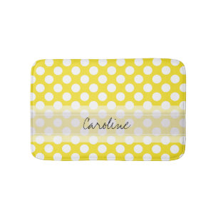 Monogram Yellow White Trendy Fun Polka Dot Pattern Bath Mat