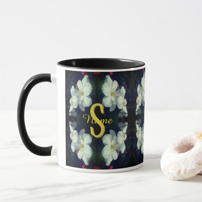 Monogram Your Initial Name Clematis Floral Art Mug (With Donut)