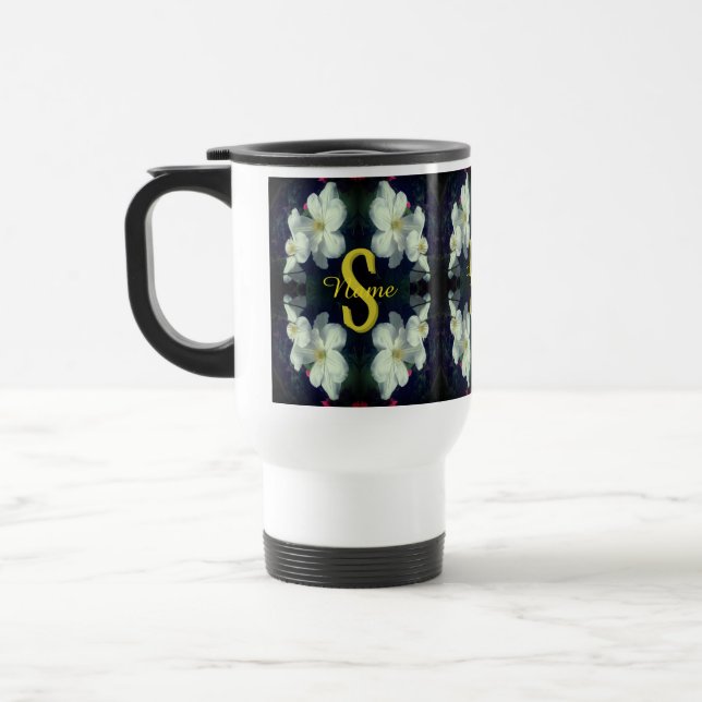 Monogram Your Initial Name Clematis Floral Art Travel Mug (Left)