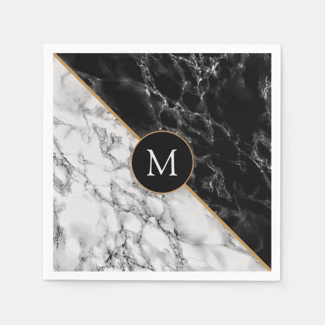 Monogram Your Letter Napkins Black White Marble (Front)