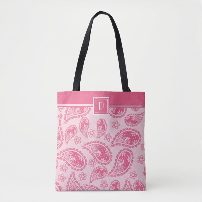 Monogram & Your Name On Pink Paisley Pattern Tote Bag (Front)