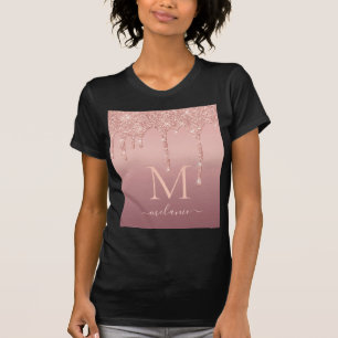 Monogram Your Name Rose Gold Blush Glitter T-Shirt