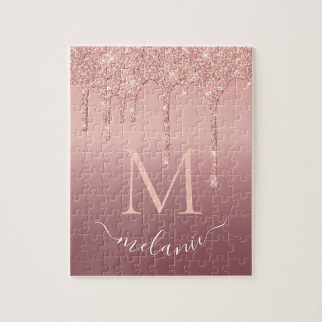 Monogram Your Name Text Rose Gold Glitter Puzzle (Vertical)