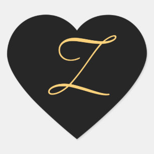 Monogram Z,  gold coloured initial Z on black Heart Sticker