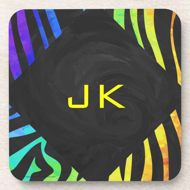 Monogram Zebra Black and Rainbow Print Coaster (Front)