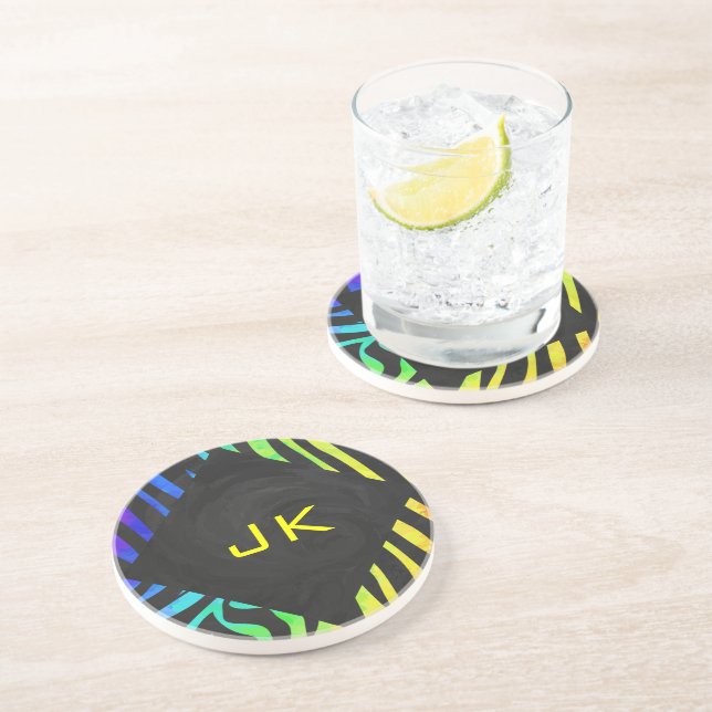 Monogram Zebra Black and Rainbow Print Coaster (Side)