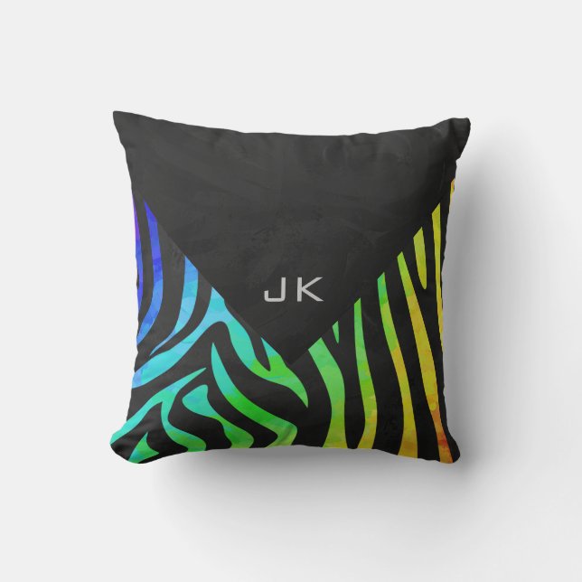 Monogram Zebra Black and Rainbow Print Cushion (Front)