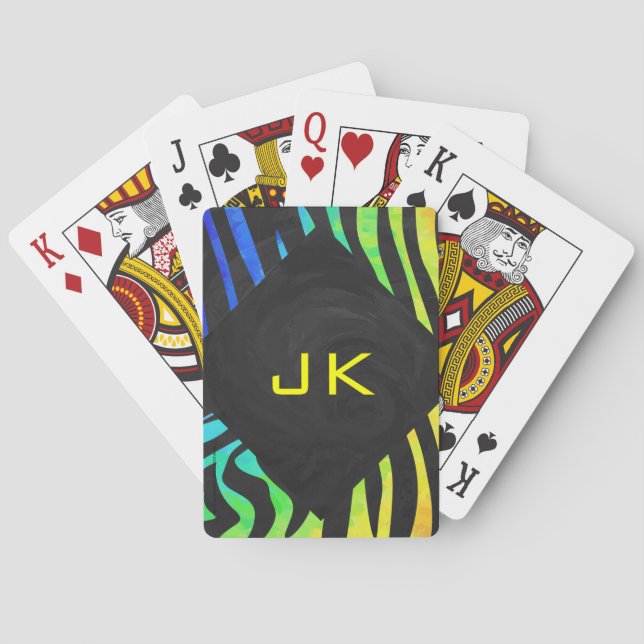 Monogram Zebra Black and Rainbow Print Playing Cards (Back)
