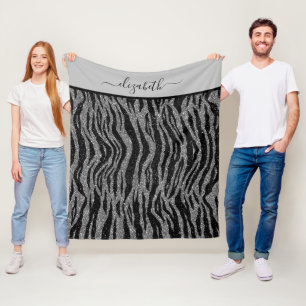 Monogram Zebra Print Black and Grey Silver Fleece Blanket