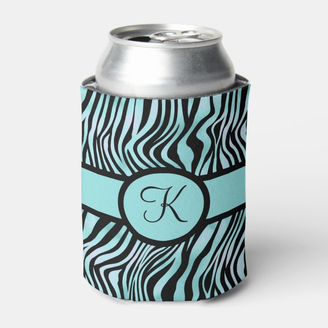 Monogram Zebra print Black and Teal Turquoise Can Cooler (Can Front)