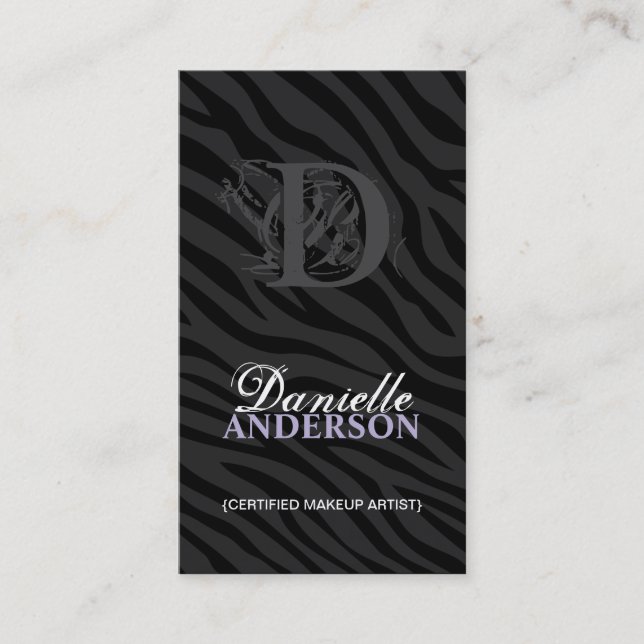 MONOGRAM ZEBRA PRINT MAKEUP ARTIST BUSINESS CARD (Front)