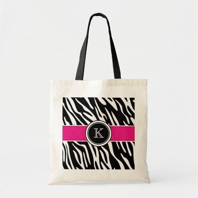 Monogram Zebra Print with Pink Tote Bag (Front)