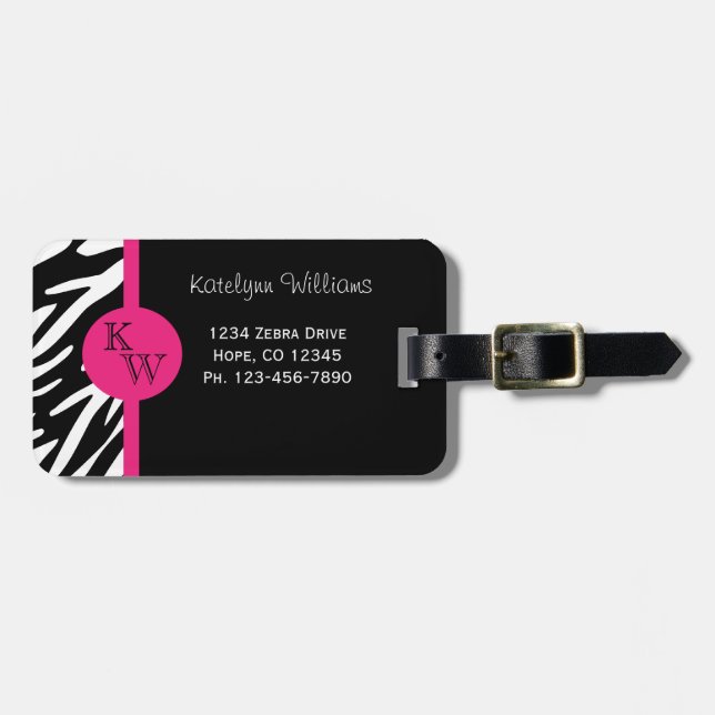 Monogram Zebra Stripe with Pink Luggage Tag (Front Horizontal)