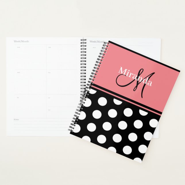 MonogramBlack Pink White Polka Dots  Script Planner (Display)