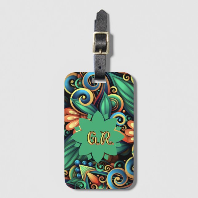 Monogramed Abstract Garden Art Luggage Tag (Front Vertical)