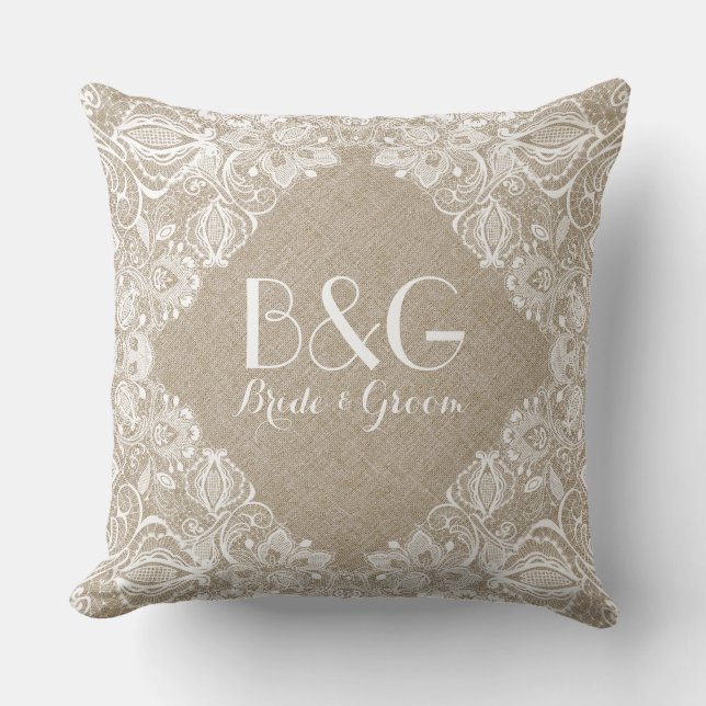 Monogramed Beige Linen And White Lace Frame 1a Cushion (Front)