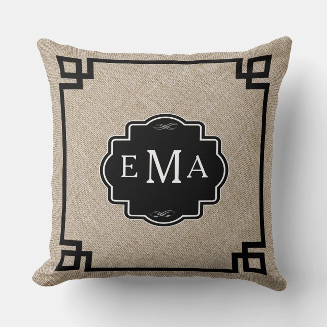 Monogramed Beige Linen With Black Frame Cushion (Front)