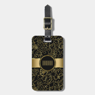 Monogramed Black And Gold Floral Damasks Luggage Tag