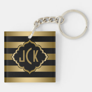 Monogramed Black And Gold Stripes Modern Design Key Ring