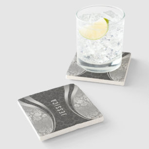 Monogramed Black And silver Grey Floral Damasks Stone Coaster