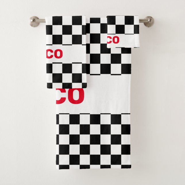Monogramed Black and White Chequered Flag 2 Bath Towel Set (Insitu)