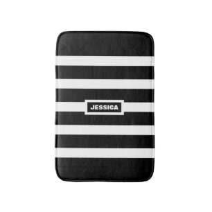 Monogramed Black And White Stripes Bath Mat