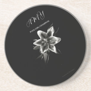 Monogramed Black And Write Lily Sandstone Coaster