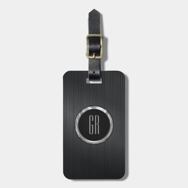 Monogramed Black Brushed Aluminium Texture 2 Luggage Tag (Front Vertical)