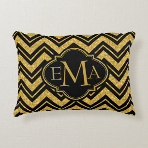 Monogramed Black Chevron & Gold Glitter Decorative Cushion