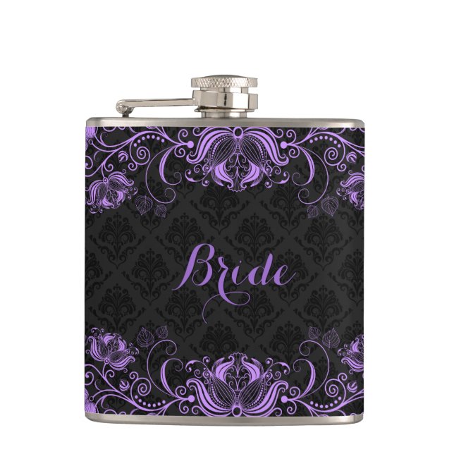 Monogramed Black Damasks Purple Floral Lace Hip Flask (Front)