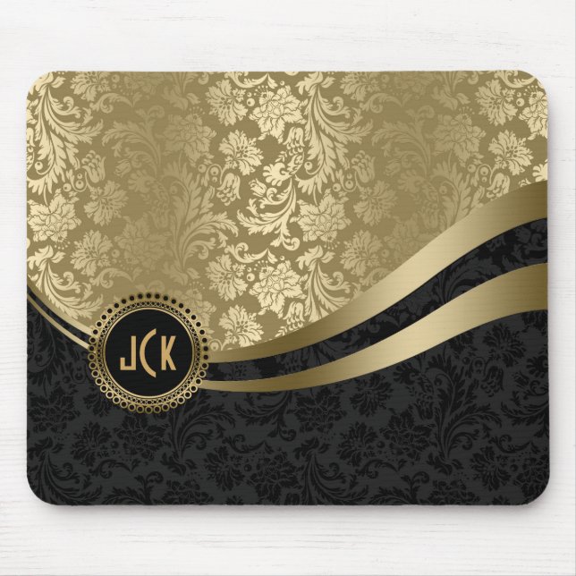 Monogramed Black & Gold Floral Damasks 2 Mouse Pad (Front)