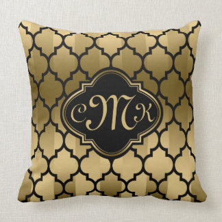 Monogramed Black & Gold Stripes & Quatrefoil Cushion