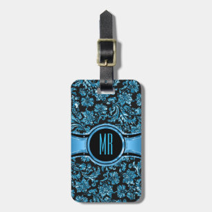 Monogramed Black & Metallic Blue Floral Damasks Luggage Tag