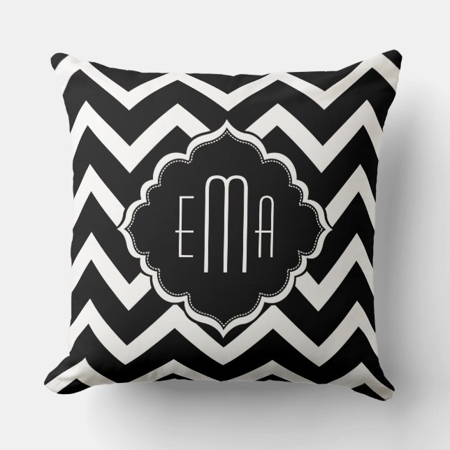 Monogramed Black & White Geometric Zigzag Chevron Cushion (Front)