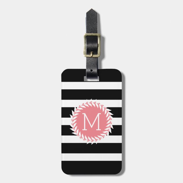 Monogramed Black & White Stripes & White Wreath Luggage Tag (Front Vertical)