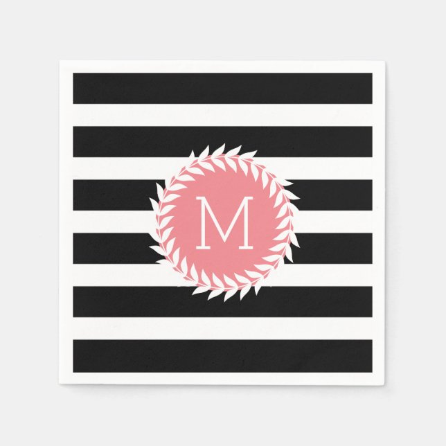 Monogramed Black & White Stripes & White Wreath Napkin (Front)