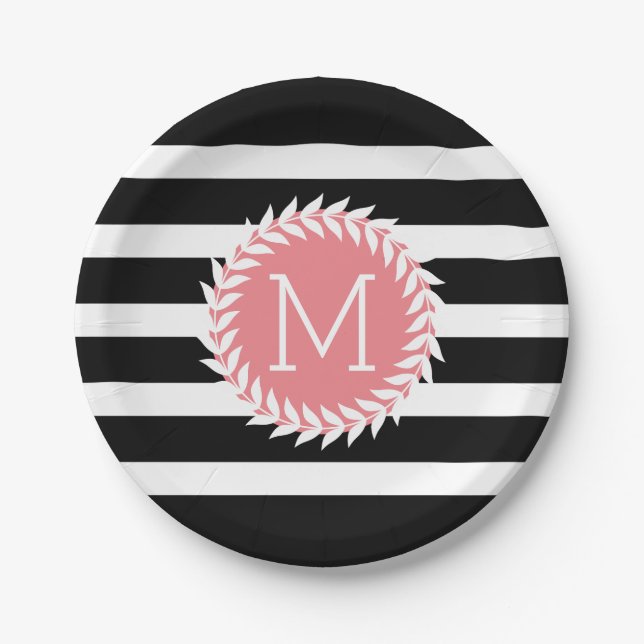 Monogramed Black & White Stripes & White Wreath Paper Plate (Front)