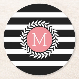 Monogramed Black & White Stripes & White Wreath Round Paper Coaster