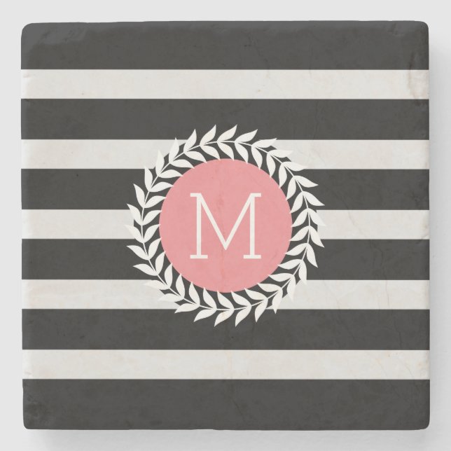 Monogramed Black & White Stripes & White Wreath Stone Coaster (Front)
