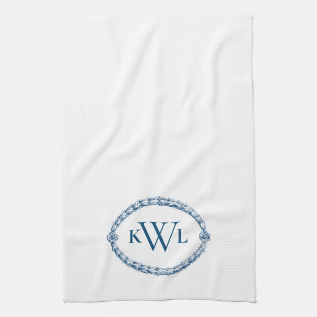 Monogramed Blue French Country Kitchen Dish Towel (Vertical)