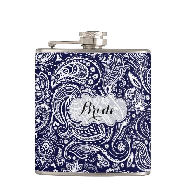 Monogramed Blue & White Floral Paisley Hip Flask (Front)