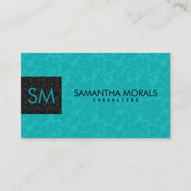 Monogramed Bold Modern Black & Turquoise Damasks 2 Business Card (Front)