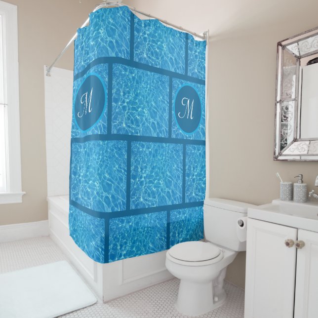 Monogramed Bright Blue Water Reflections Shower Curtain (In Situ)