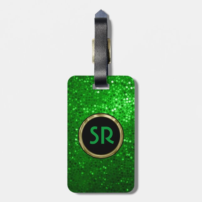Monogramed Bright Green Tones Glitter Texture Luggage Tag (Back Vertical)