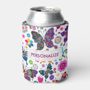 Monogramed Colourful Butterflies & Flowers Pattern Can Cooler