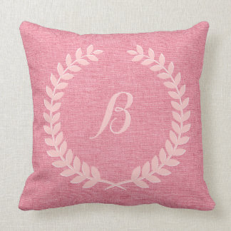 Monogramed Coral Red Linen And Pink Wreath Cushion
