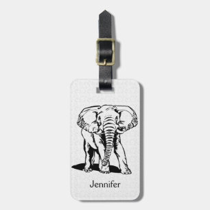 Monogramed Cute Black Elephant Line Drawing Luggage Tag