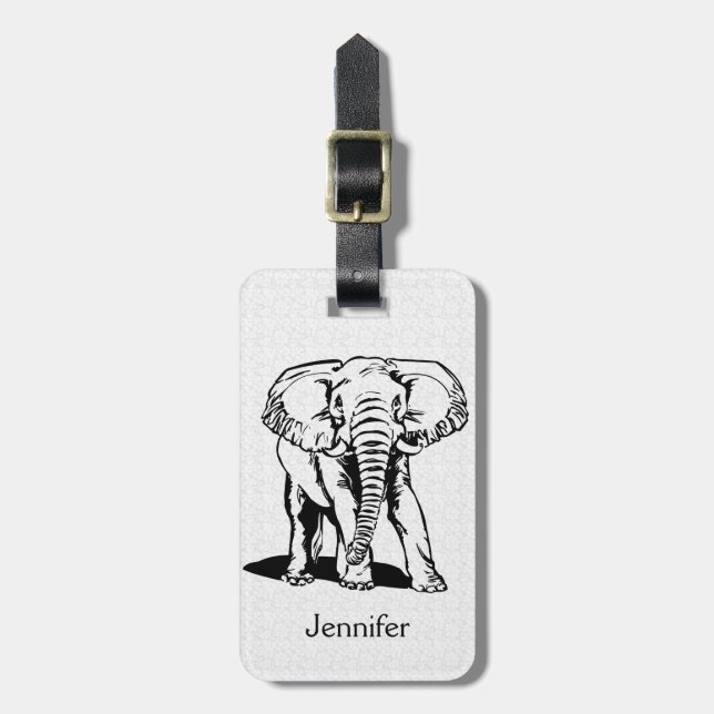 Monogramed Cute Black Elephant Line Drawing Luggage Tag (Front Vertical)