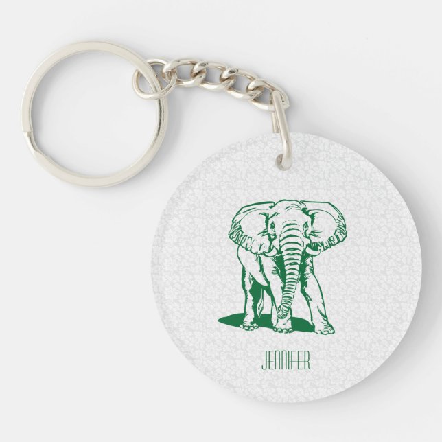Monogramed Cute Hunter Green Elephant Line Drawing Key Ring (Front)