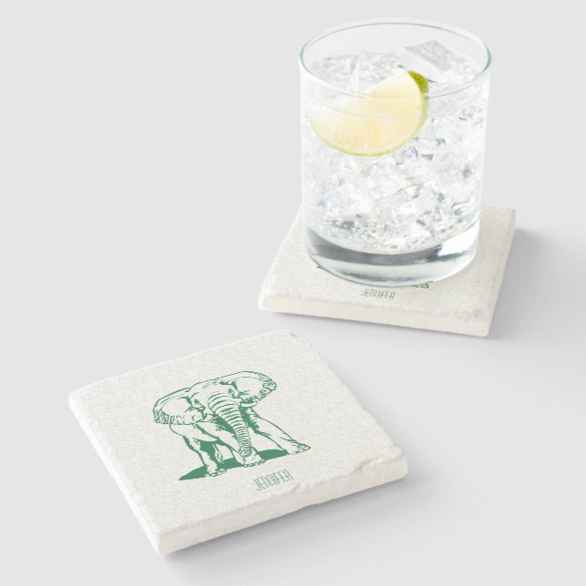 Monogramed Cute Hunter Green Elephant Line Drawing Stone Coaster (Side)